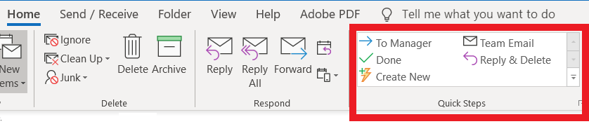 Screenshot: Quick Steps group on the Home Tab