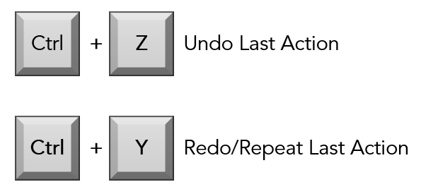 Ctrl + Z Undo last action
Ctrl + Y Redo/Repeat last action