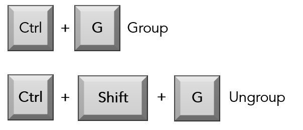 Ctrl + G Group
Ctrl + Shift + G Ungroup